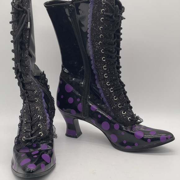 Funtasma Black Patent Purple Polka Dot Lace Up Boots Goth Cosplay Witch Sz 11.5 - Picture 2 of 9